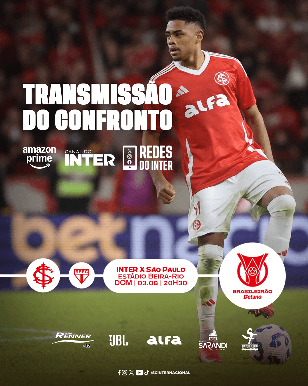 Canal do Inter e Amazon Prime transmitem duelo contra o São Paulo
